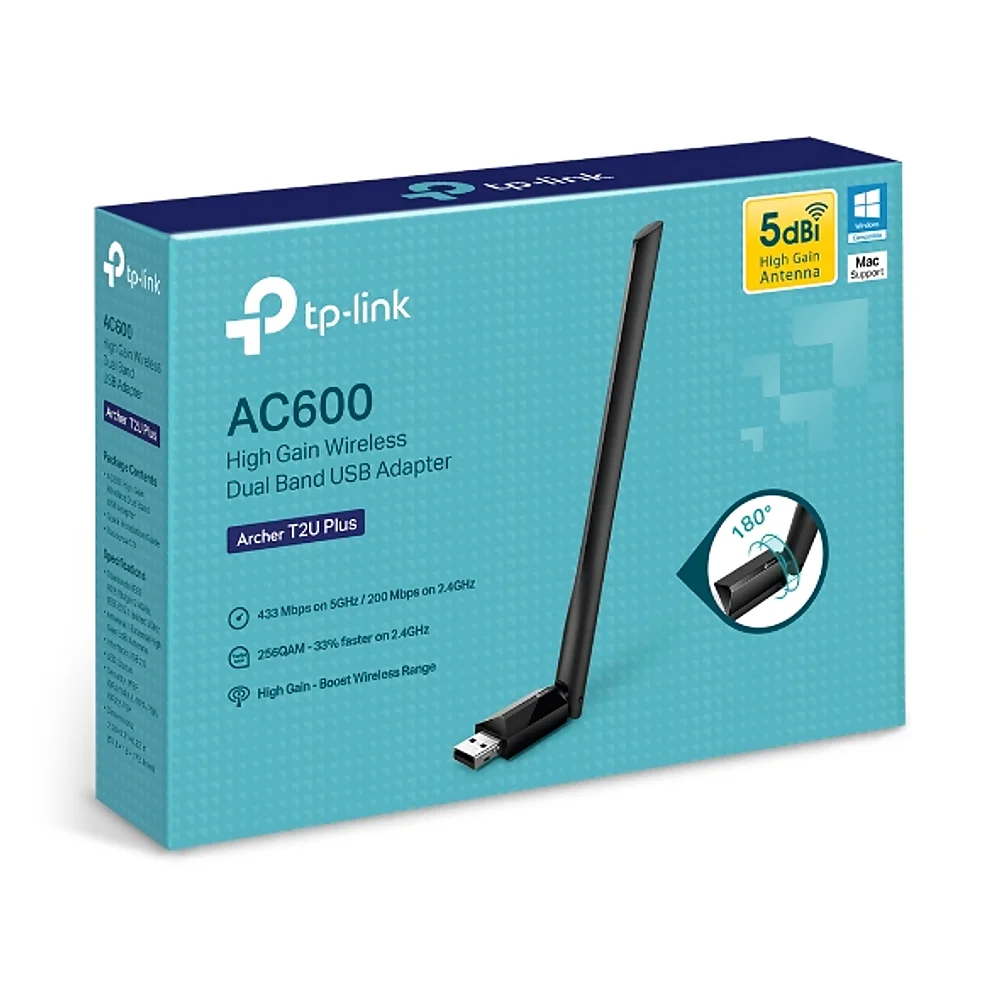 ADAPTADOR WI-FI 5 TP-LINK ARCHER T2U PLUS AC600 USB DOBLE BANDA 5GHZ